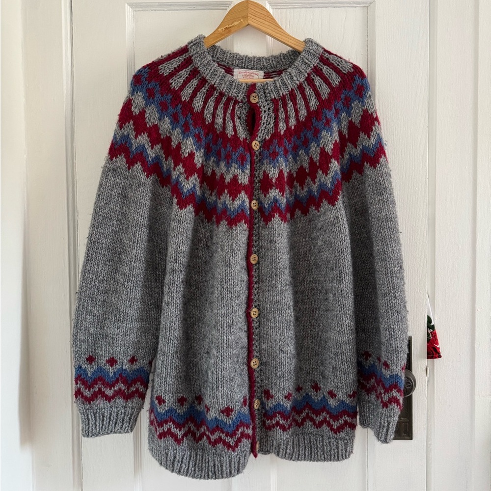 Handmade fair isle pattern grey blue and red wool cardigan